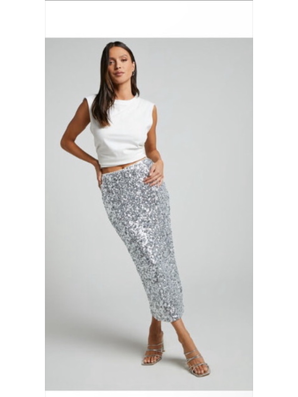 Showpo stretchy Sequin bodycon Skirt in Silver SIZE 4 (small)